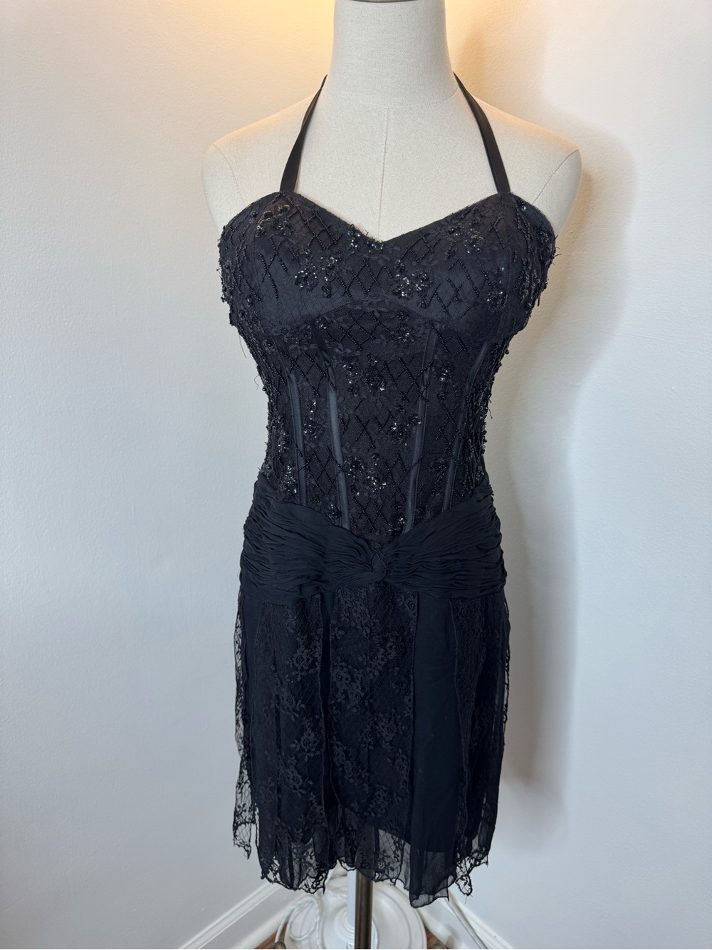 DOLCE JOVANI Women’s 8 Black Silk Beaded Corset Halter Mini Dress Gown